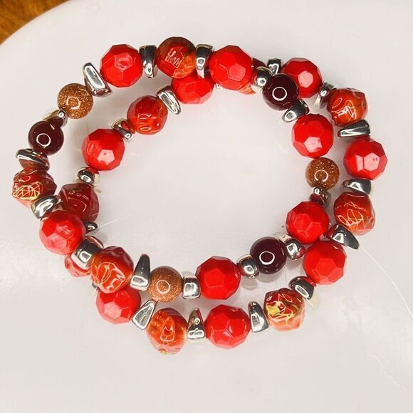2 Vintage Bracelet Silver Tone Spacer Red Lucite Goldstone  Beaded Stretch 4708 - Picture 2 of 5
